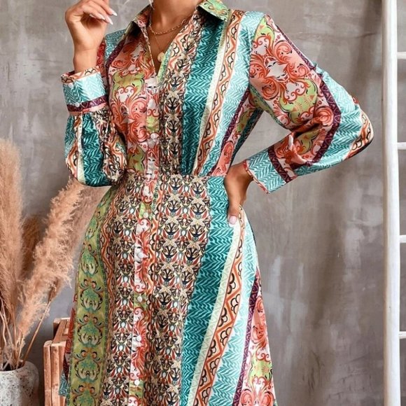 Print Button Front Long sleeve Boho Shirt Dress - Picture 2 of 6